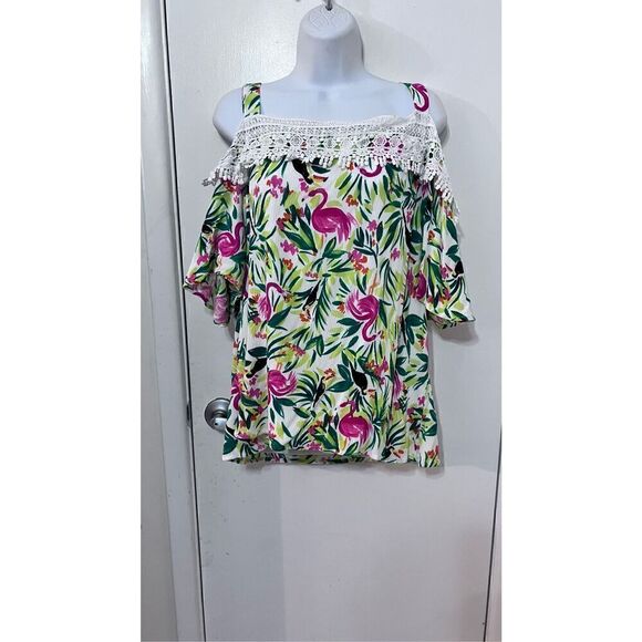 HAILEY LYN OFF TGE SHOULDER FLAMINGO TOP SIZE 1XL - Picture 3 of 9
